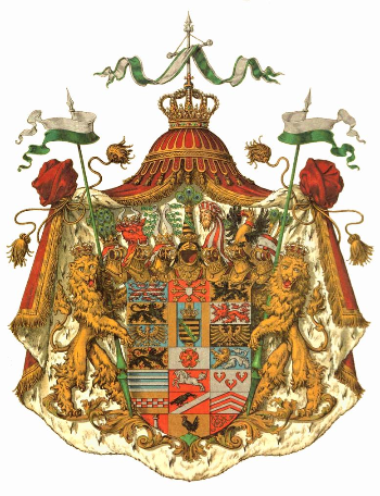 German heraldry has examples of shields with numerous crests, as this arms of Saxe-Altenburg featuring a total of seven crests. Some thaler coins display as many as fifteen..png