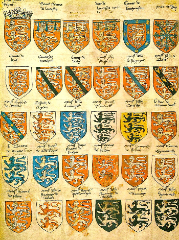 Prince_Arthur's_Book_ArmorialPrince Arthur's Book, an armorial of arms for Arthur, Prince of Wales, c. 1520, depicting the proliferation of lions in English heraldry.png