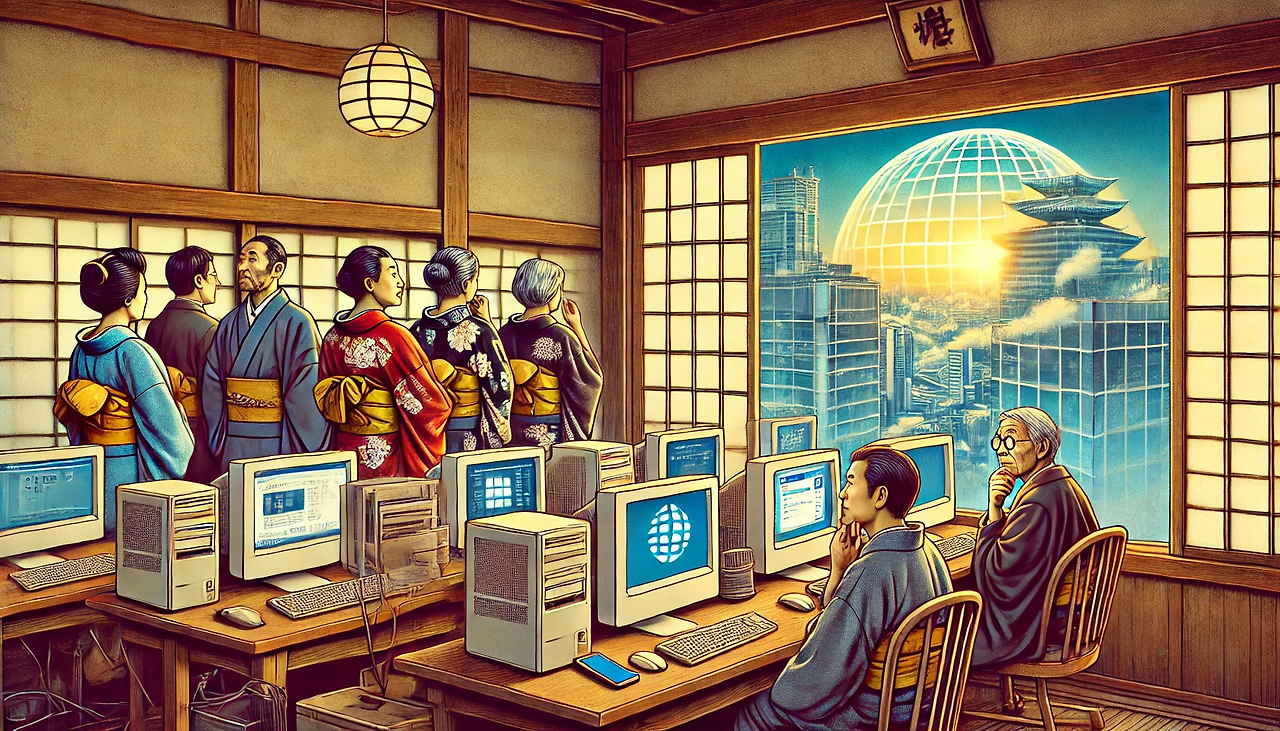 DALL·E 2024-12-02 06.41.52 - A symbolic representation of Japan's declining software industry in a semi-realistic art style. The scene features an old, traditional Japanese office.png