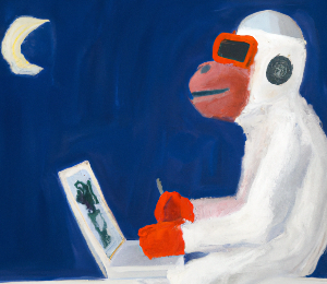 An oil painting by Matisse of a monkey astronaut to blog in front of computer.png
