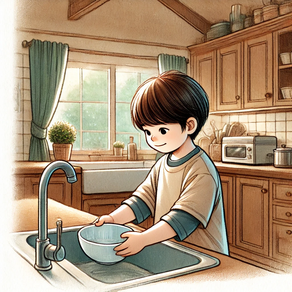 DALL·E 2024-12-04 13.08.35 - A heartwarming drawing of a child placing an empty bowl on the kitchen sink, in a cozy home interior. The child has short, dark hair, wearing a casual.png
