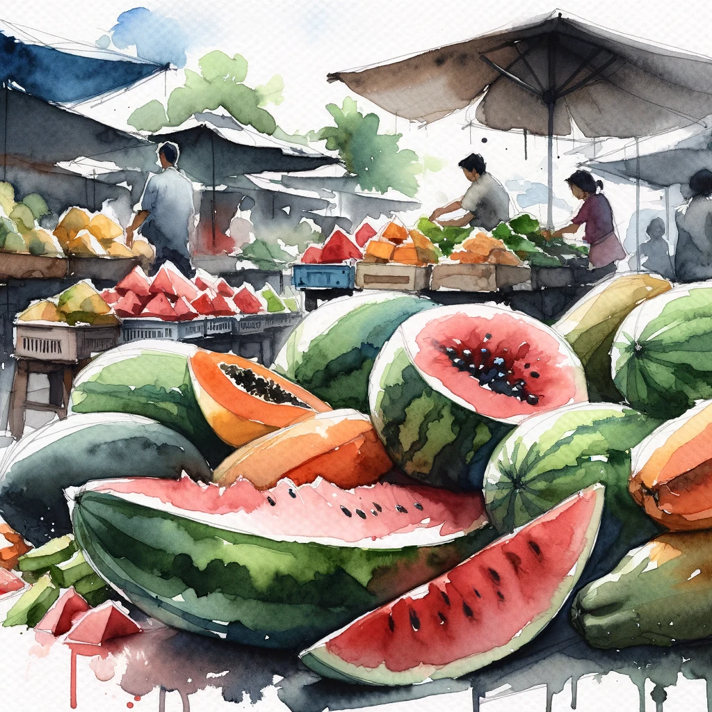 DALL·E 2024-06-08 09.55.03 - A watercolor painting of a market scene with fruit, including cut watermelon and papaya, in a somewhat amateurish style. The painting should have a re.png