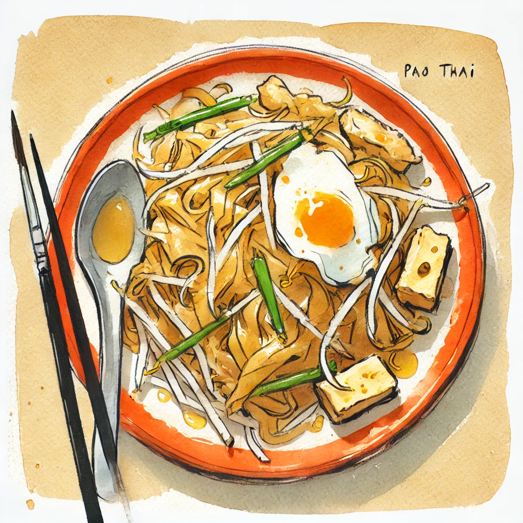 DALL·E 2024-06-17 14.39.41 - A watercolor painting of Thai Pad Thai on traditional Korean paper (hwaseonji), drawn by a beginner artist in a light, sketchy style, as if it was don.png