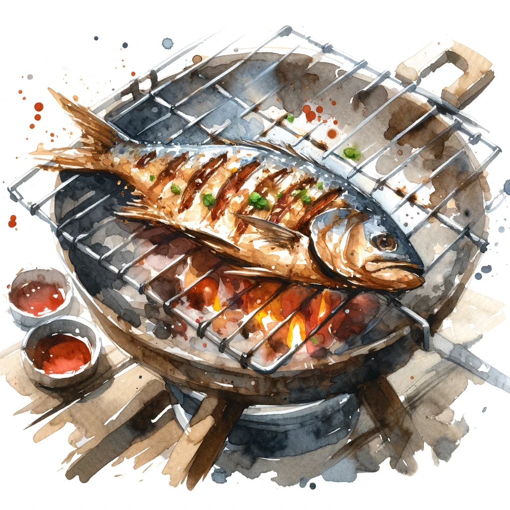 DALL·E 2024-06-08 09.57.06 - A watercolor painting of grilled fish on a grill, in a very amateurish style. The painting should have a relaxed, informal look with a bleeding effect.png