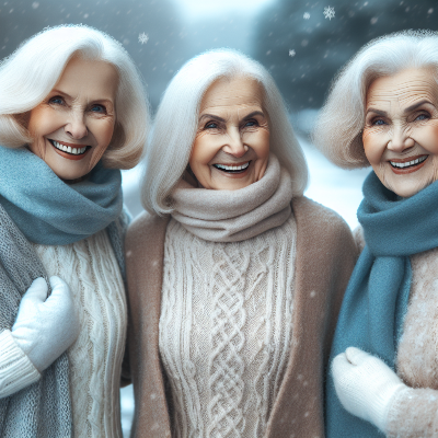 추운 겨울 새벽 예배를 마치고 행복한 모습으로 밝게 웃으면서 _함께 길을 걷고 있는 할머니 세 명을 그려줘.png