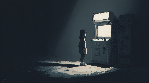 madmaiz_A_mysterious_young_girl_standing_beside_the_arcade_mach_e75a5b1c-2a41-4348-920a-9b3f3c9c4e84.png