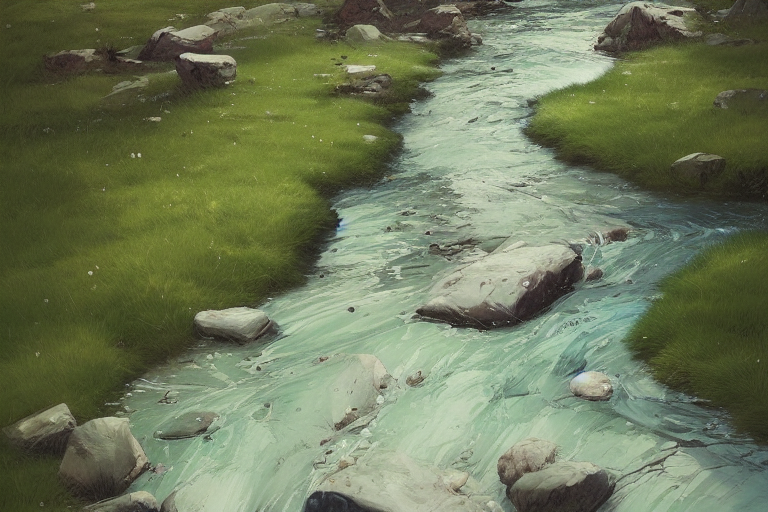 02708-3209241134-high detailed painting of Stream with clear water, boulders, green grass, by conrad roset, greg rutkowski and makoto shinkai and.png