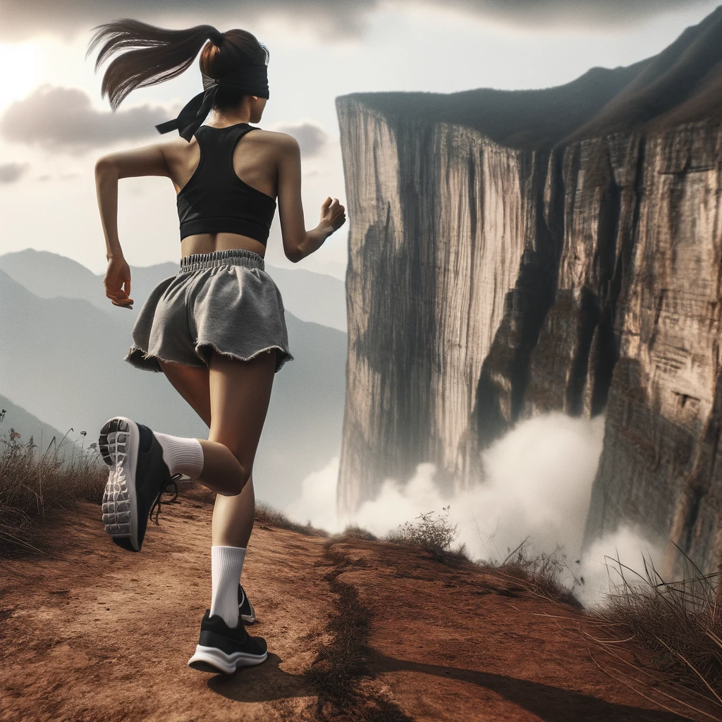 DALL·E 2024-01-08 23.31.22 - A rear view of a young Korean woman running blindfolded towards a dangerous cliff edge. She is wearing a sporty outfit and running shoes. The scene ca.png