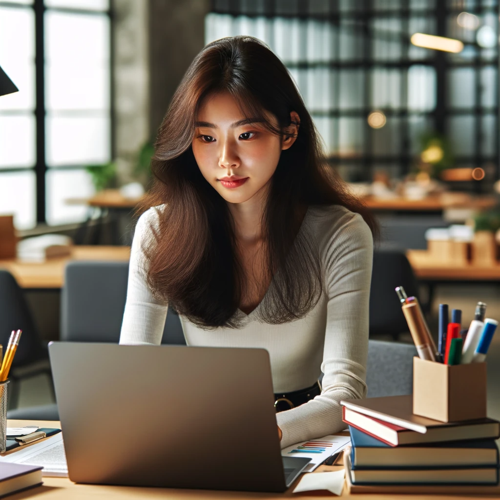 DALL·E 2024-01-20 23.52.09 - A young Korean woman focused on her career development, working hard in a modern office setting. She is sitting at a desk filled with a laptop, books,.png