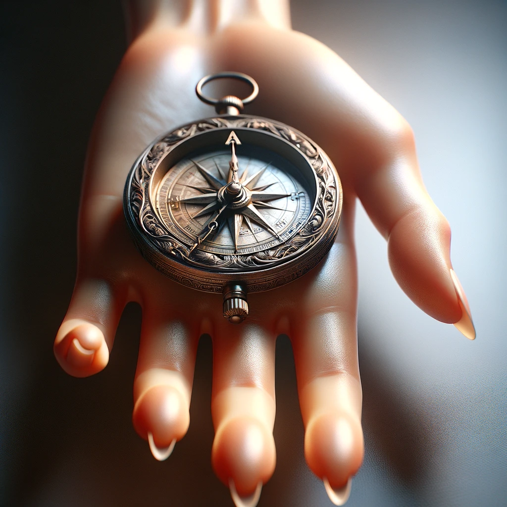 DALL·E 2024-02-27 21.48.39 - A photorealistic image of a Korean woman's hand, viewed from above, with an intricately designed antique compass resting on her open palm. The focus i.png