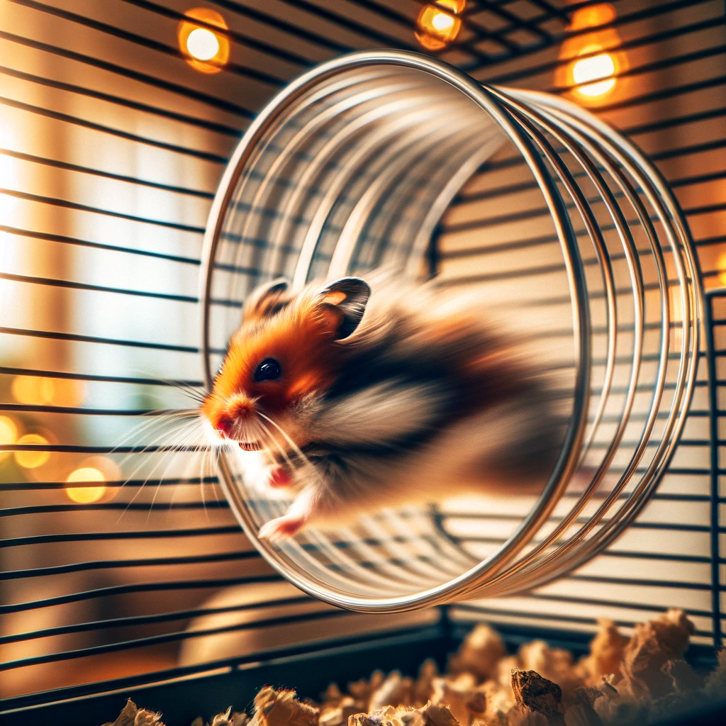 DALL·E 2024-02-05 01.00.13 - A hamster running with even more energy and determination on a wheel inside its cage, creating a blur of motion to emphasize its speed. The cage is se.png