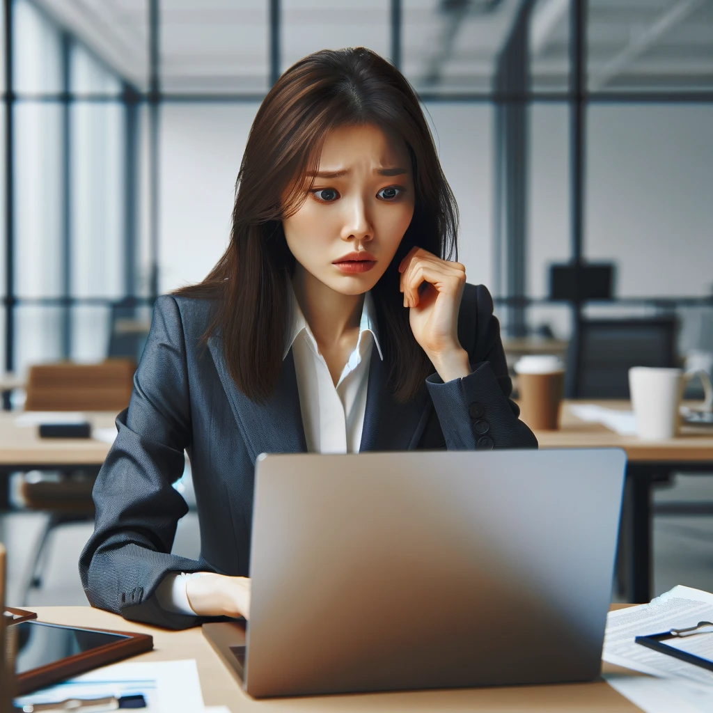DALL·E 2024-01-09 20.29.29 - A South Korean woman in her 20s, a new employee, is working on a laptop with an anxious expression. She is sitting at a modern office desk, surrounded.png