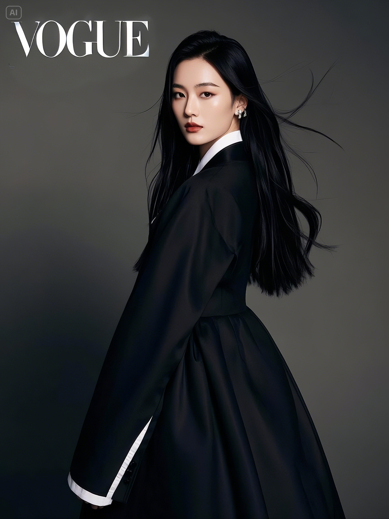 Korean female professional fashion model, long black hair, wearing a modernized trendy casual Hanbok....png