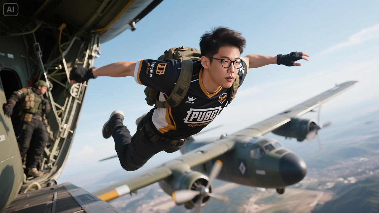 jimeng-2025-05-28-640-A pubg esport player from reference image is jumping out of the combat air pla....png