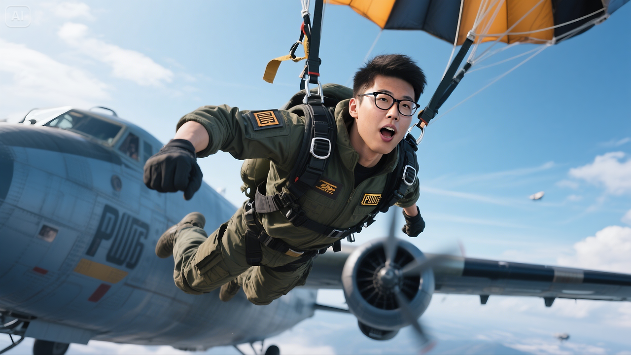 jimeng-2025-05-28-918-A pubg esport player from reference image is jumping from the combat air plane....png
