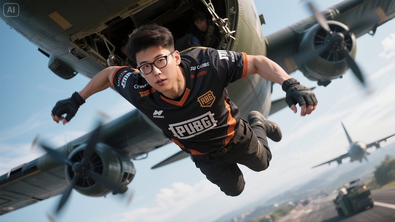 jimeng-2025-05-29-44-A pubg esport player from reference image is jumping out of the combat air plan....png