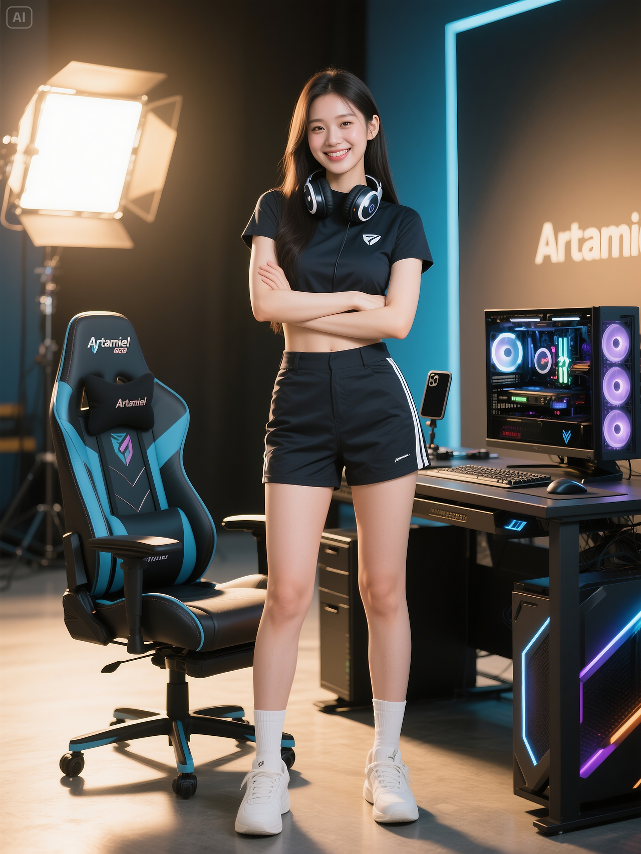 jimeng-2025-05-20-681-Product photography, ‘a fashionable Korean gamer girl in her early 20s confide....png