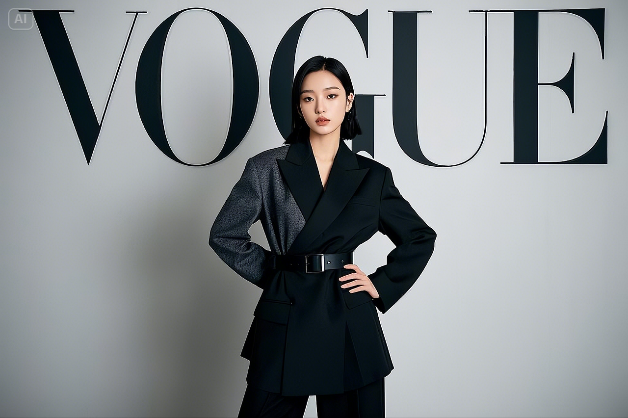 Vogue cover of full body photo of young Korean female idol in minimalistic black suit and grey moder... (1).png