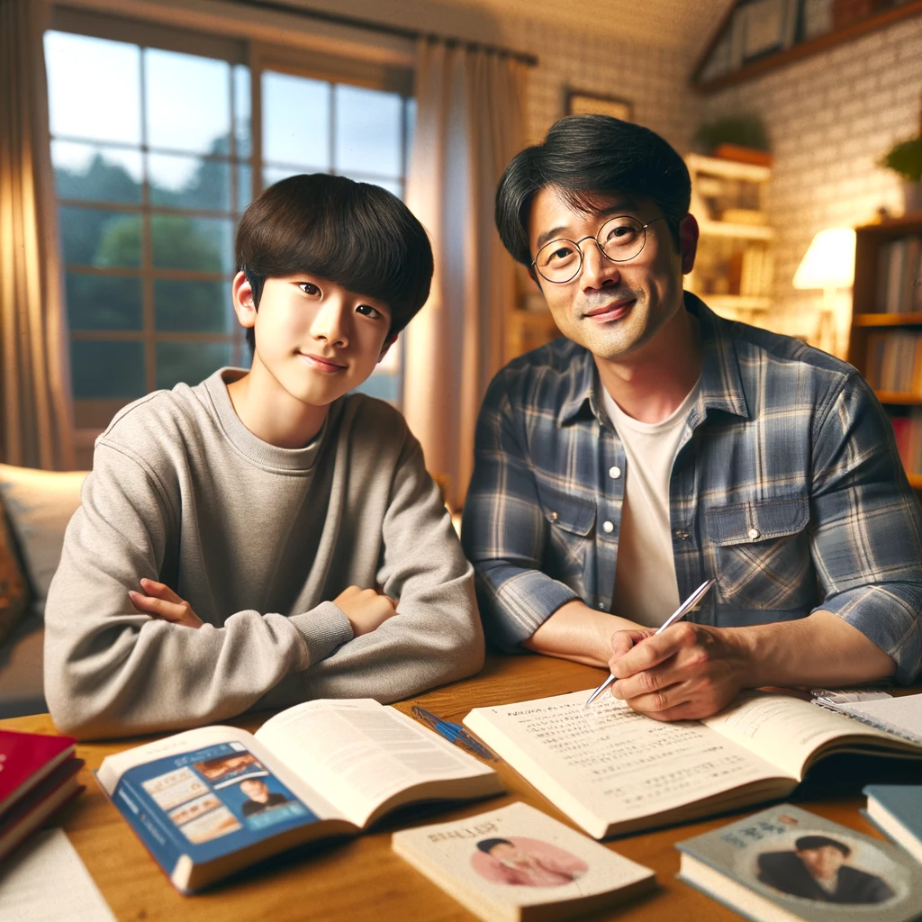 DALL·E 2023-12-26 10.21.17 - A photo-like image of a Korean teenage boy and his father, a Korean man in his 30s, studying English at home. They are seated at a table with various .png
