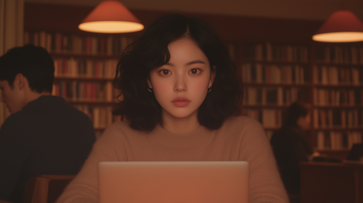 Introspective Woman in a Library.png