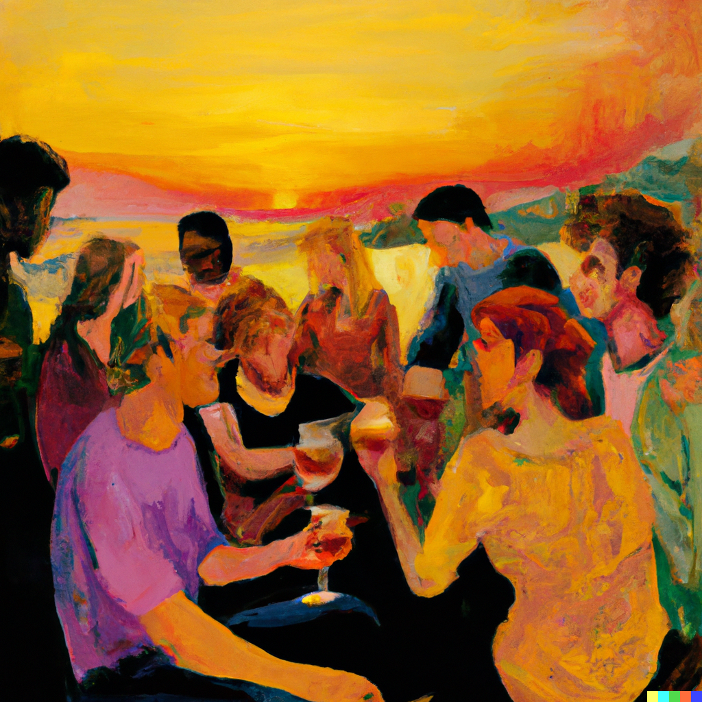 DALL·E 2023-07-29 19.49.31 - ) Against the backdrop of sunset 2) Drinking wine with six close friends 3) One of them is a young man 4) With a warm and affectionate feeling 5) With.png