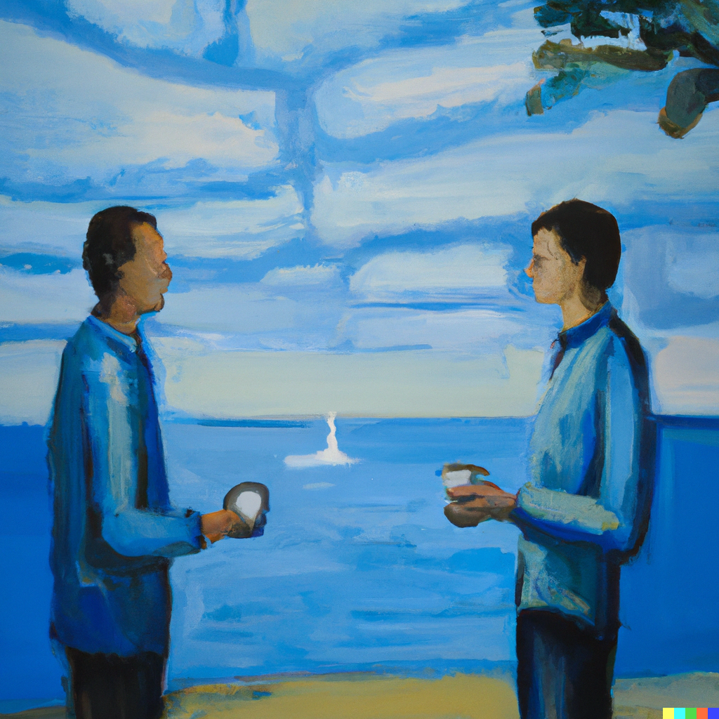 DALL·E 2023-10-06 16.55.54 - 1) Blue sky and sea in the background 2) There are two cups of coffee on a white table 3) The two men are looking at each other from the side. 4) The .png
