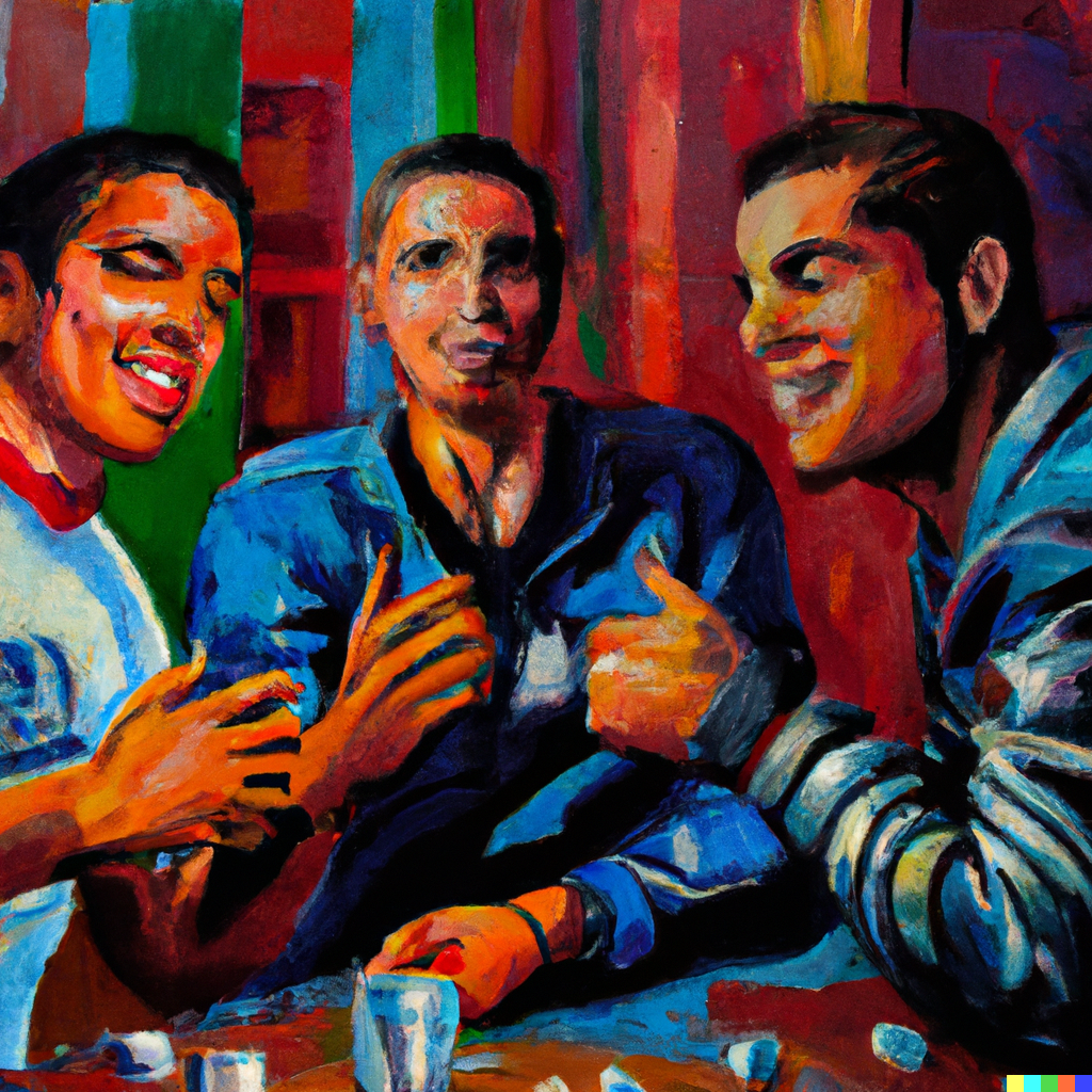DALL·E 2023-06-16 16.57.39 - 1) Three young men are sitting at a table 2) Feeling happy, like something went well 3) The title of the painting is 'Deal done' 4) With a feeling of .png