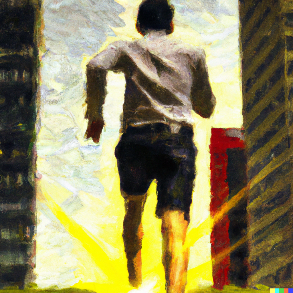 DALL·E 2023-06-04 18.59.39 - - A man running towards success, - Against the background of the hot sun and a forest of buildings - Very enterprising feeling - - With a feeling of o.png