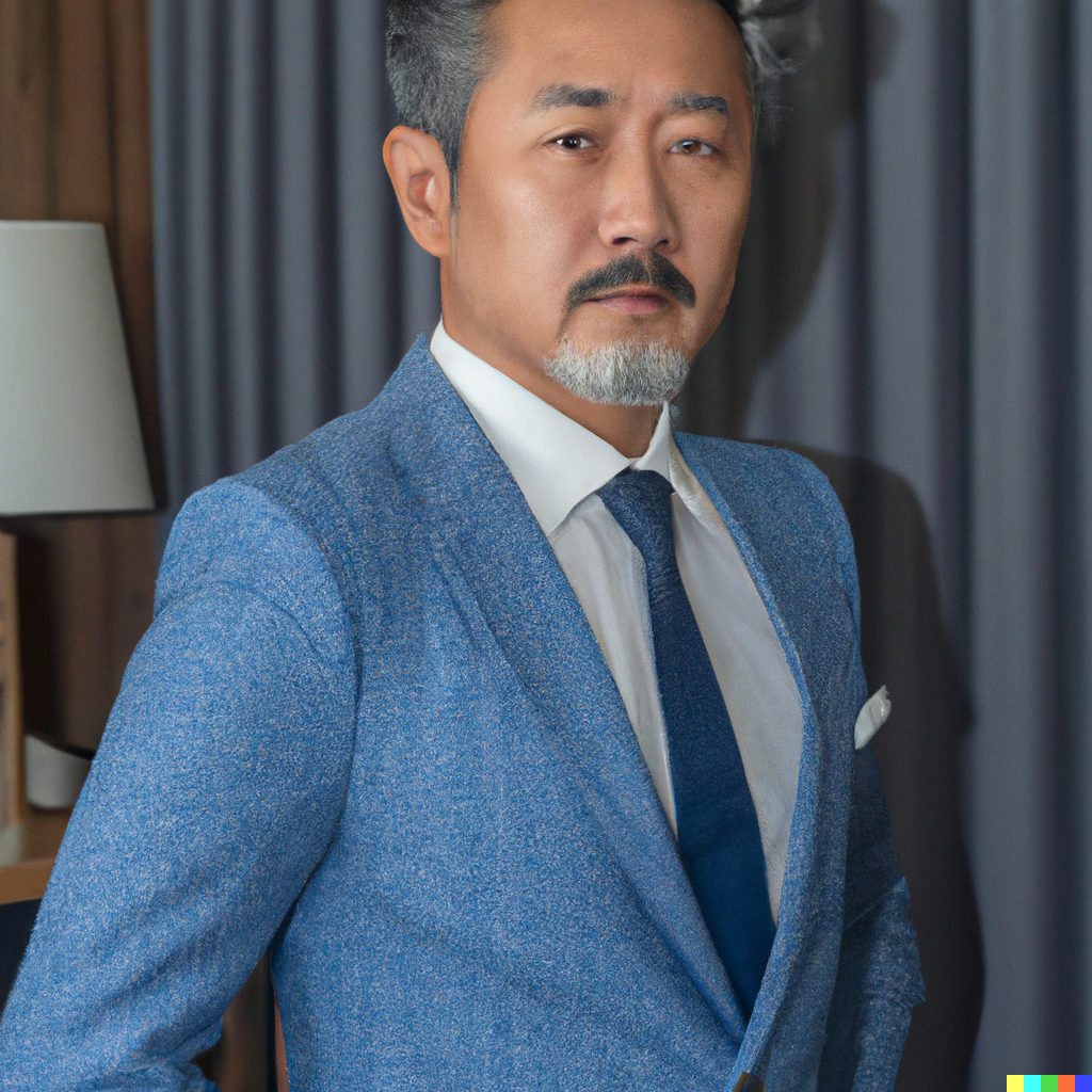 DALL·E 2023-04-07 15.45.26 - A 55-year-old Korean male model with gray hair and a gray beard. Upper body in a nice suit. The suit color is blue..png