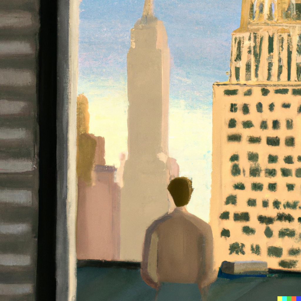DALL·E 2023-08-27 21.05.04 - 1) In a forest of buildings, the place is Manhattan, the back of a man 2) The time is 7 am, a sunny morning 3) Edward Hopper style oil painting.png