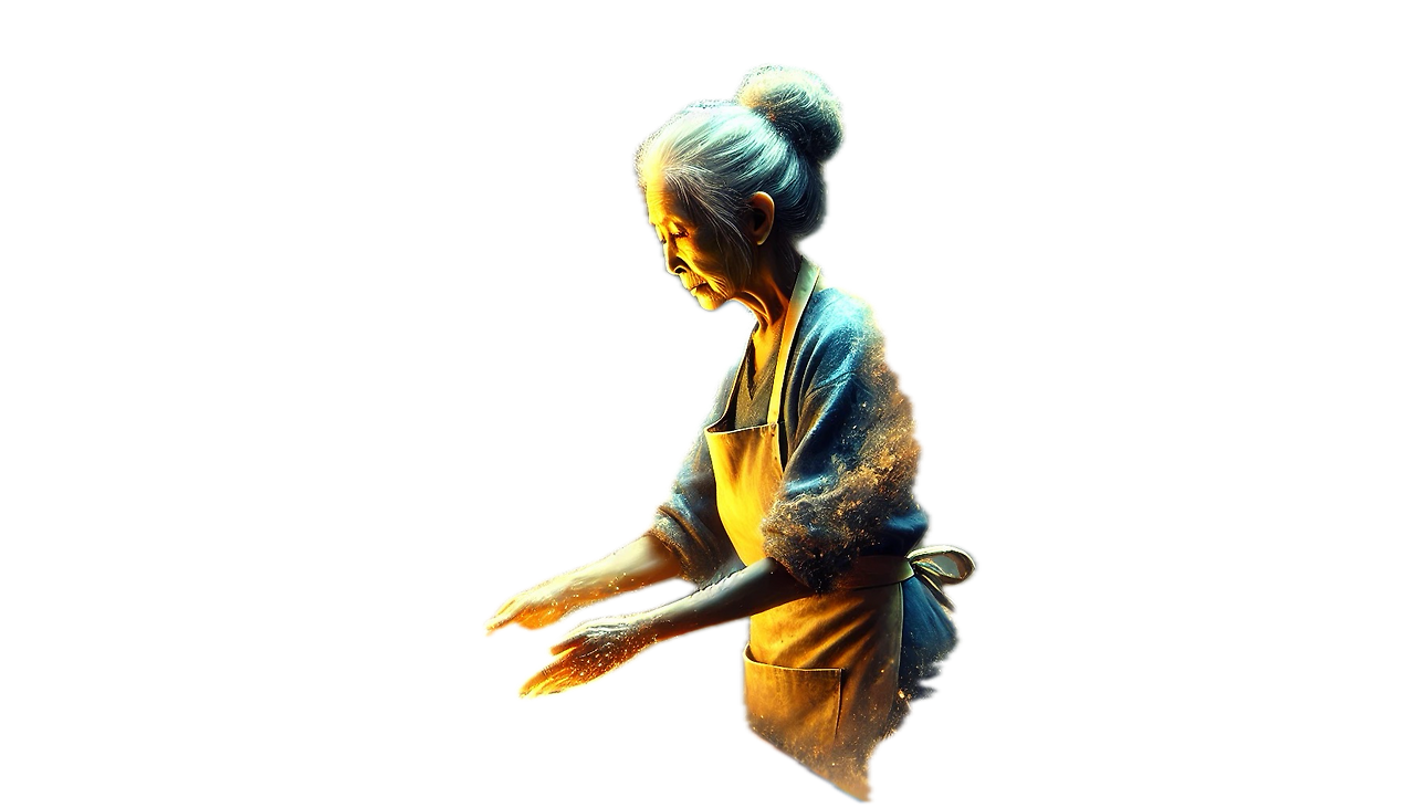 ‘DALL·E 2025-02-15 02.36.22 - A cyberpunk-inspired art piece of a gentle, warm East Asian mother emerging gracefully from the glowing smoke of a 'Memorial Bloom.' She wears a simpl’의 배경이 제거됨.png