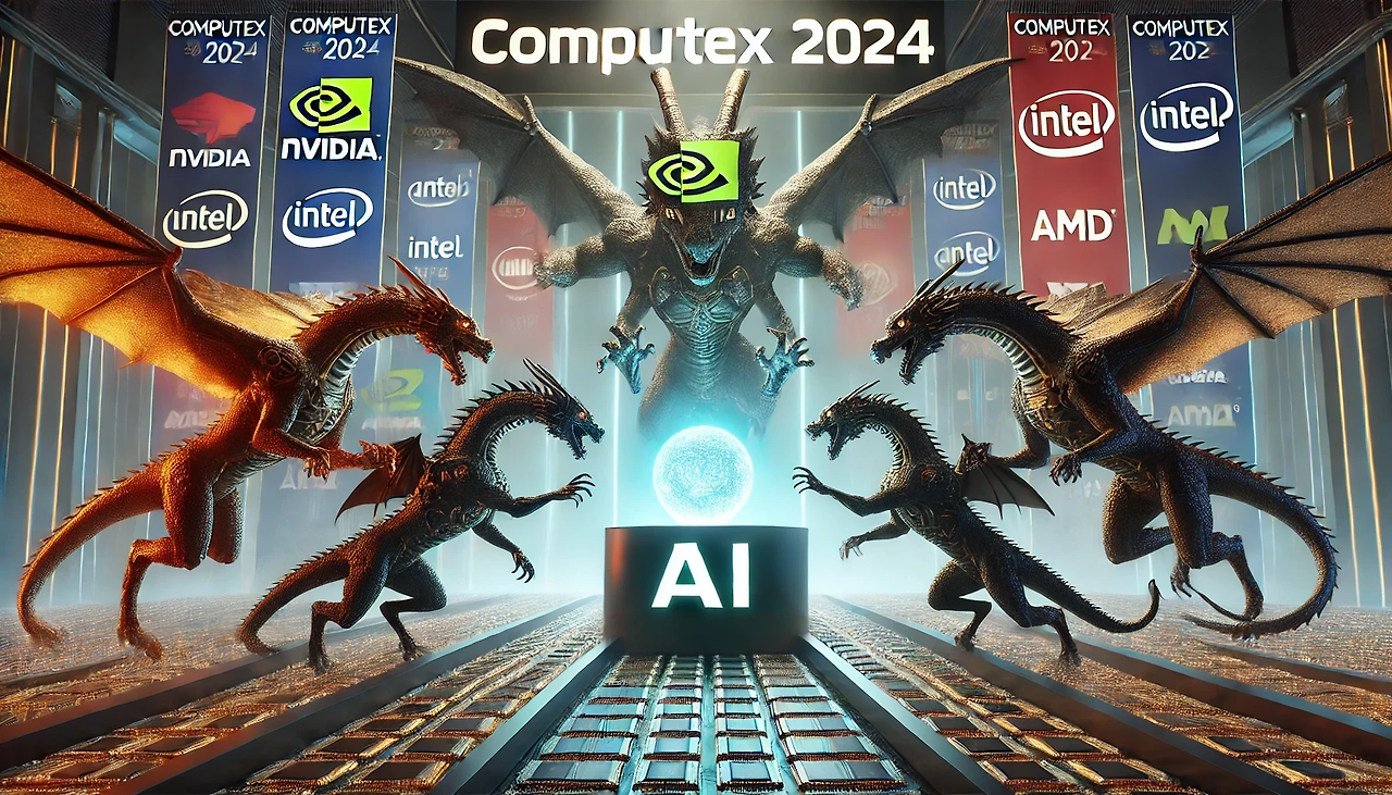 DALL·E 2024-06-27 07.34.14 - At COMPUTEX 2024, the main theme is AI semiconductors. The scene features four dragons representing NVIDIA, ARM, INTEL, and AMD, each with their respe.png