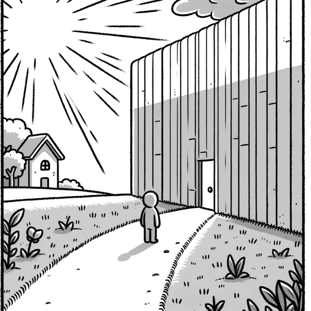 DALL·E 2023-12-27 11.44.10 - A revised simple cartoon-style drawing using only lines. The scene now shows a person on a path, facing a tall, plain wall without any patterns, which.png