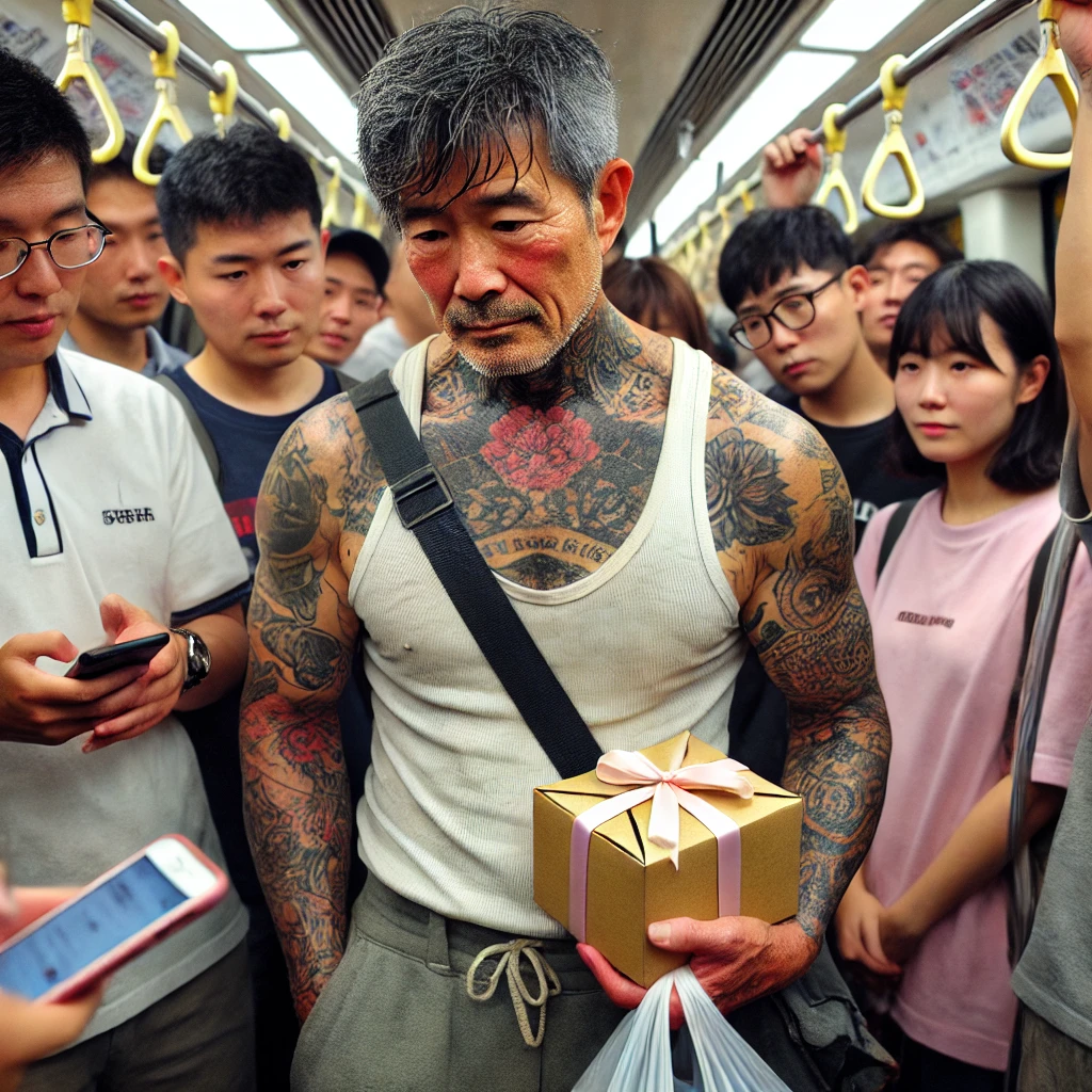 DALL·E 2024-09-20 10.30.19 - A crowded subway scene where a middle-aged East Asian man with tattoo-covered arms is standing, wearing simple and slightly worn-out casual clothes, h.png