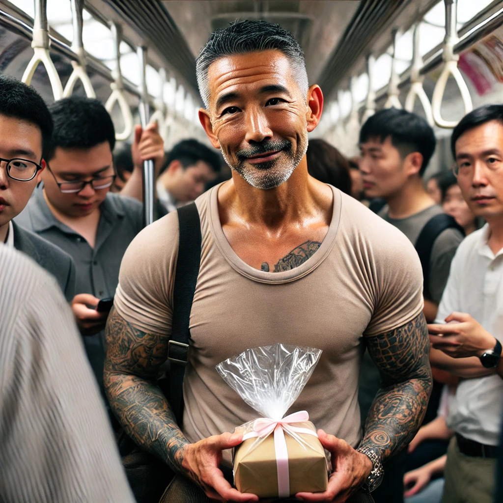 DALL·E 2024-09-20 10.30.25 - A crowded subway scene where a middle-aged East Asian man with tattoo-covered arms is standing, wearing a plain, slightly worn-out t-shirt that reveal.png