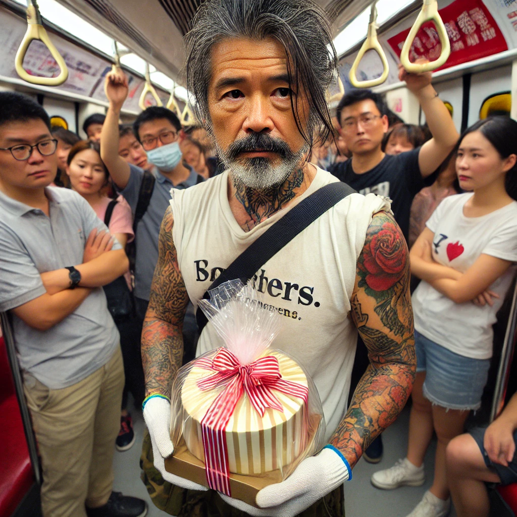 DALL·E 2024-09-20 10.30.16 - A crowded subway scene where a middle-aged East Asian man with tattoo-covered arms is standing, wearing casual clothes, holding a plastic bag with a n.png