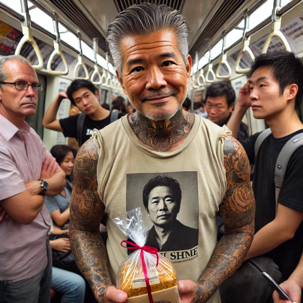 DALL·E 2024-09-20 10.30.22 - A crowded subway scene where a middle-aged East Asian man with tattoo-covered arms is standing, wearing a slightly worn-out t-shirt that reveals part .png
