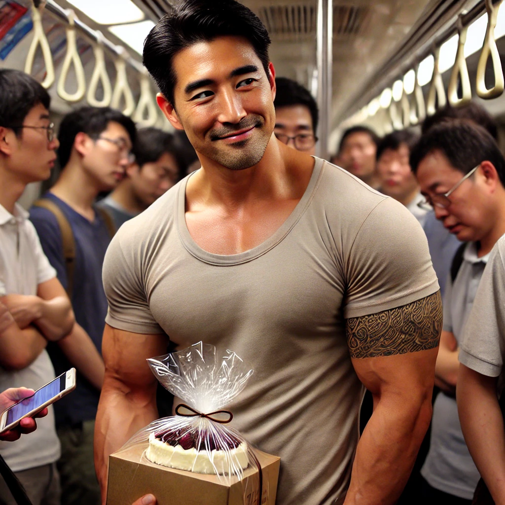 DALL·E 2024-09-20 10.30.29 - A crowded subway scene where a middle-aged East Asian man with slight tattoos on his arms is standing, wearing a plain, slightly worn-out t-shirt. He .png