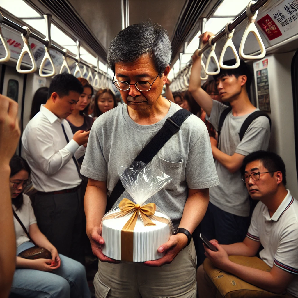 DALL·E 2024-09-20 10.30.12 - A crowded subway scene where a middle-aged East Asian man is standing, wearing casual clothes, holding a plastic bag with a neatly tied ribbon on a ca.png