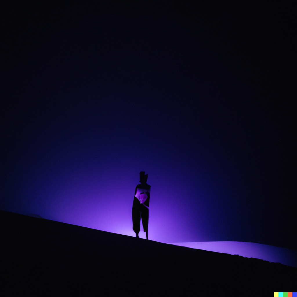 DALL·E 2023-03-13 11.49.23 - A photo of a silhouette of a person in a color lit desert at night.png