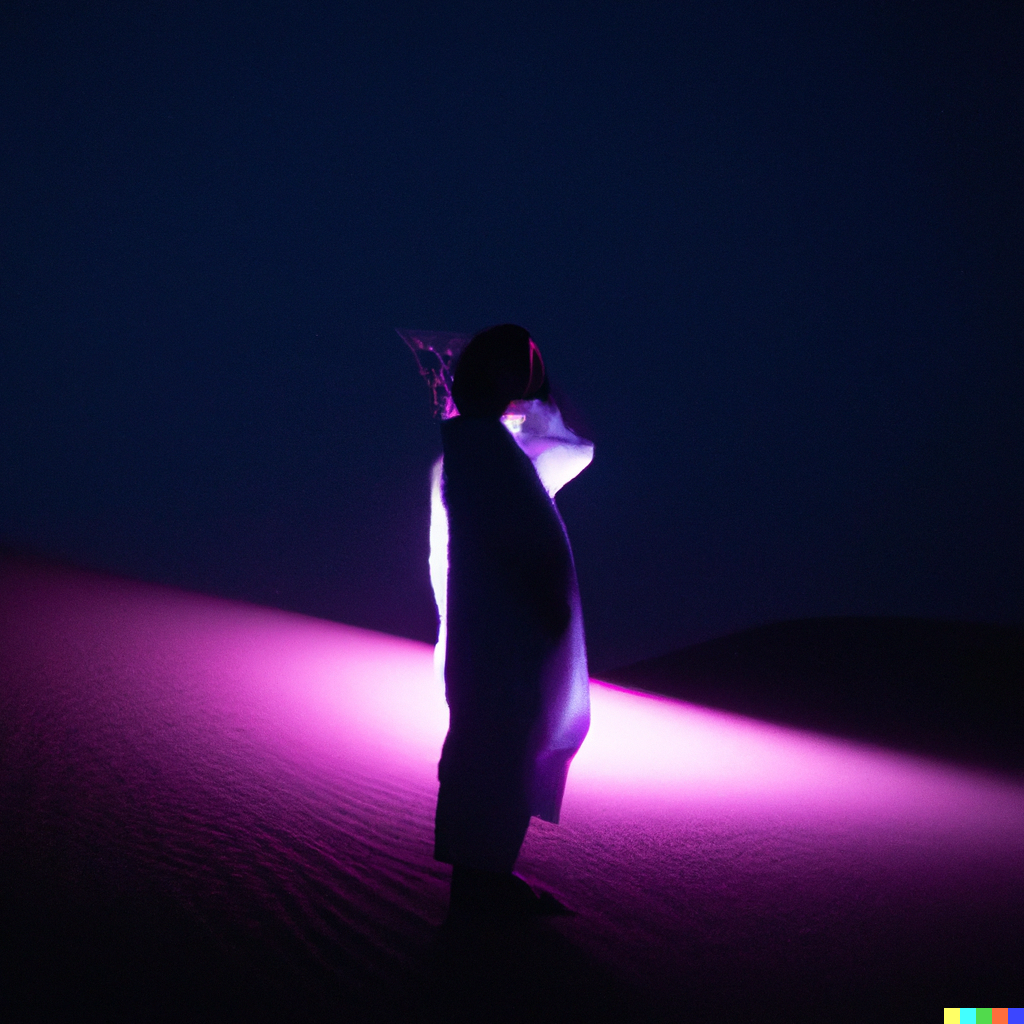 DALL·E 2023-04-06 16.33.58 - A photo of a silhouette of a person in a color lit desert at night.png