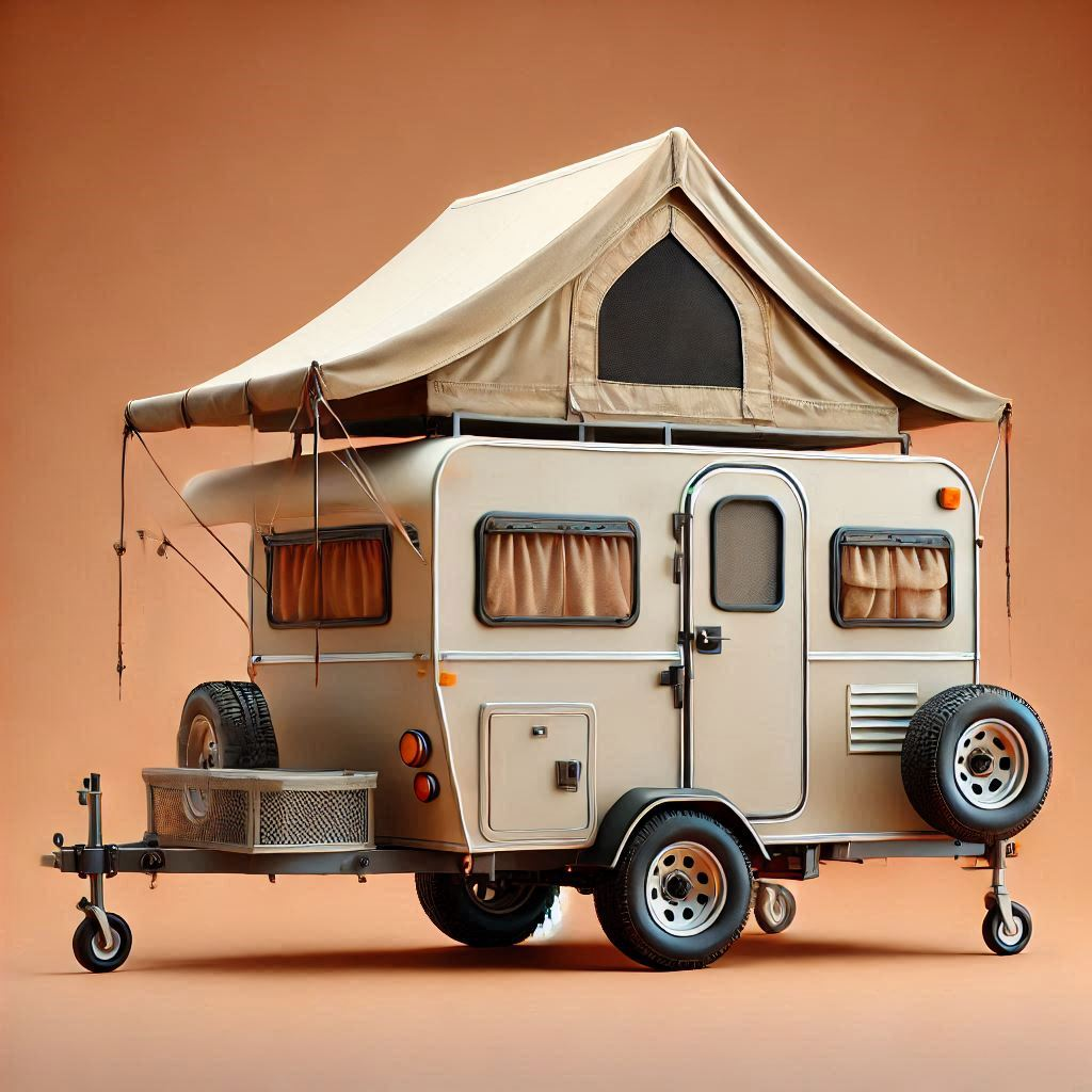 A small trailer with only cargo space, no human residence, with a tent installed on top, on a solid color background with no images.png