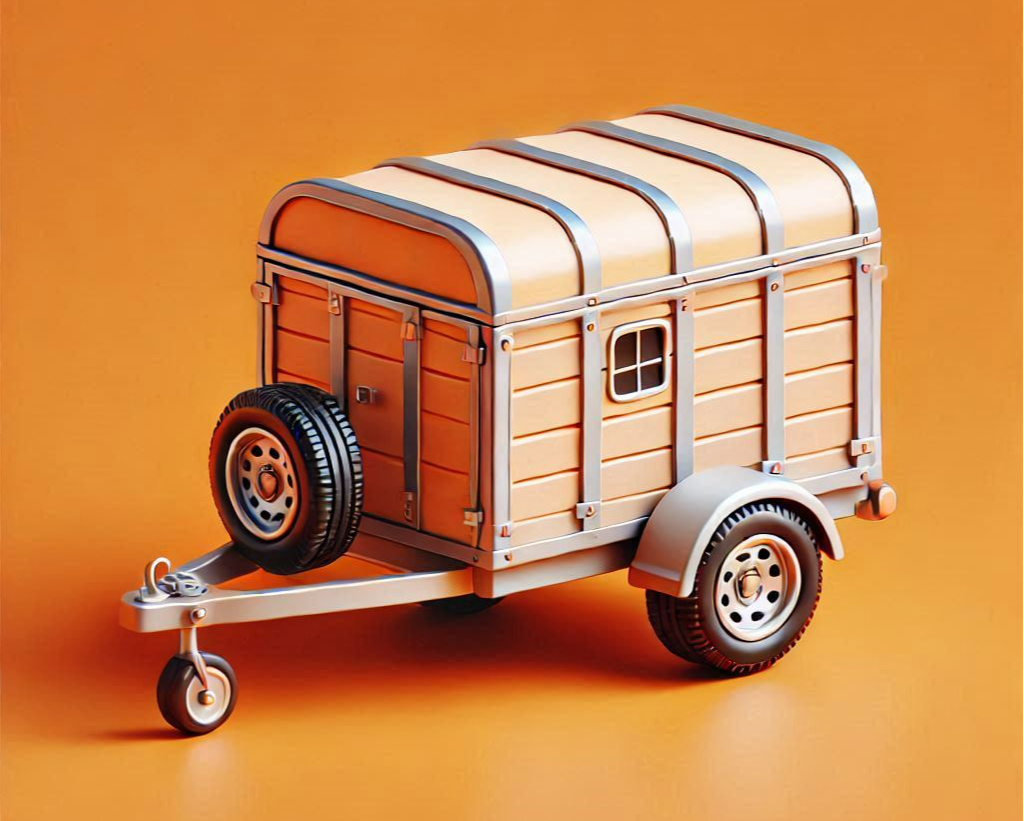A small cargo trailer with two wheels on an orange color solid background.png