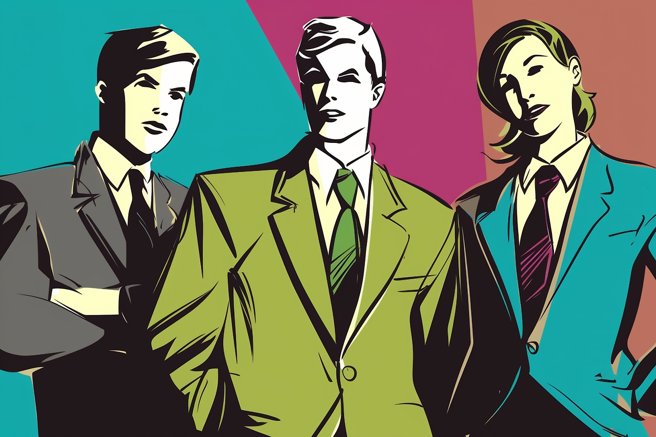 drawing cartoon of business people, bold colors, clean and simple designs, strong lines, simple line drawings, high resolution vector.png