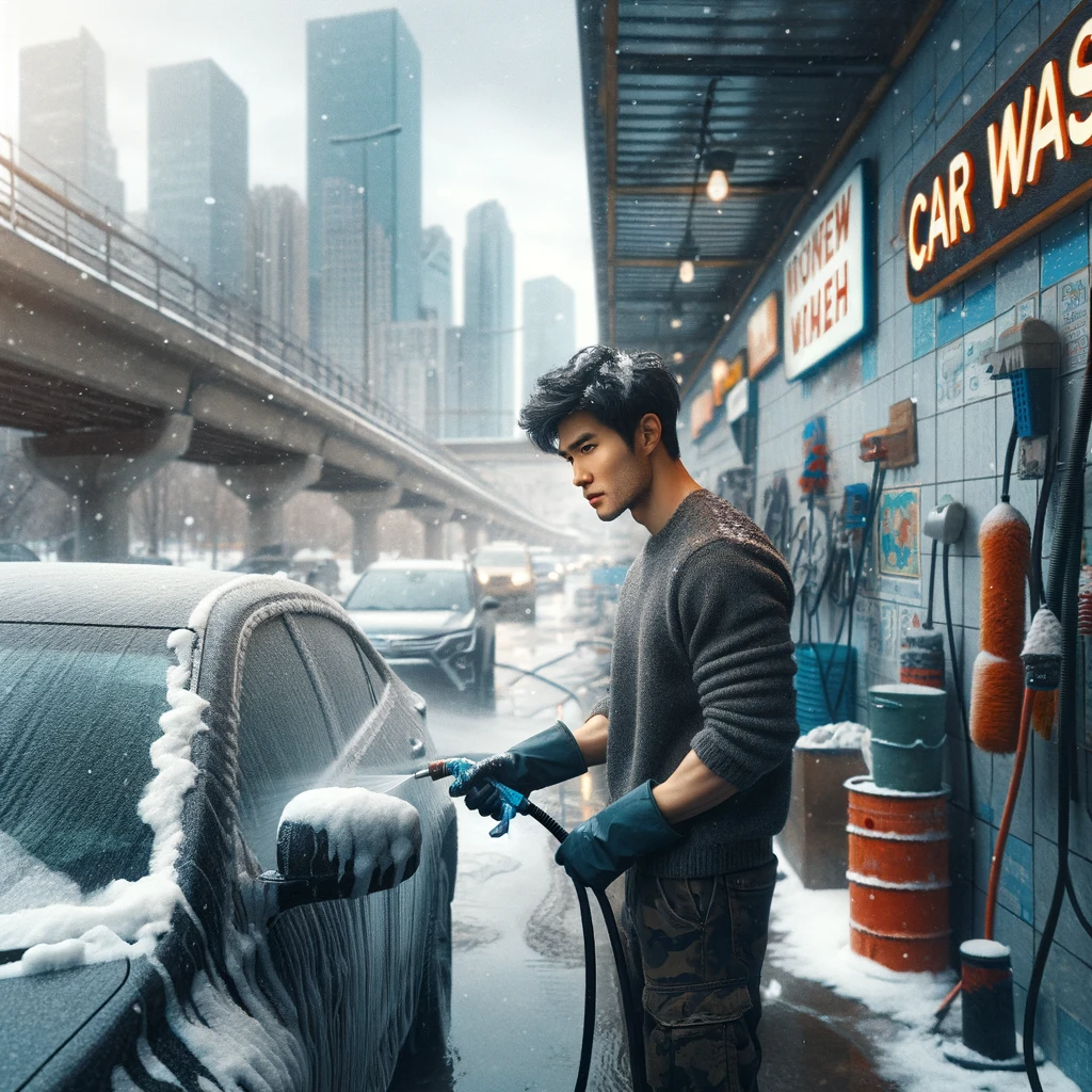 DALL·E 2024-01-16 08.24.03 - An East Asian man washing a car in an urban car wash during winter, with a thoughtful expression. The city background is transformed into a wintry sce.png