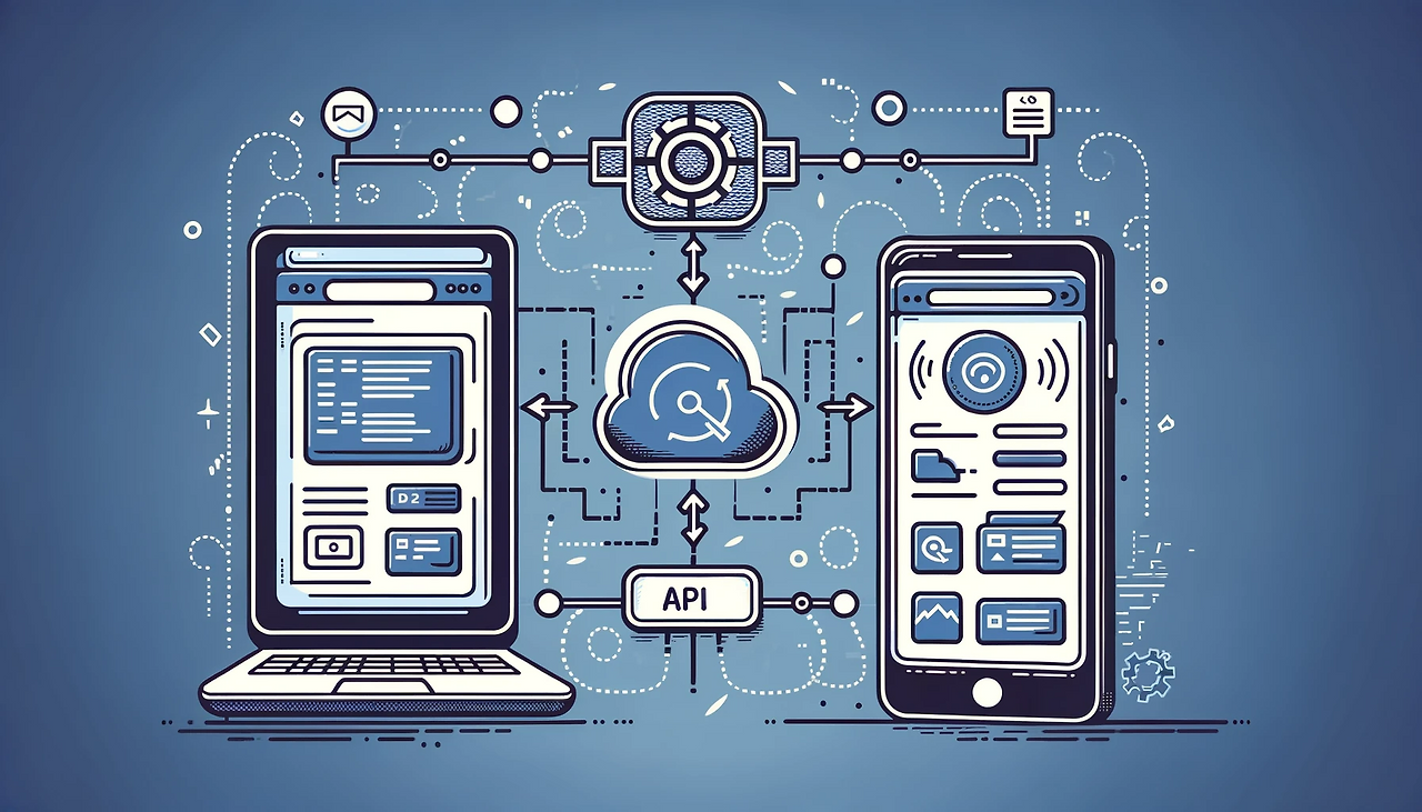 DALL·E 2024-01-26 13.58.28 - An illustration in a 16_9 aspect ratio showing a web application and a mobile application communicating through an API. On the left, depict a computer.png