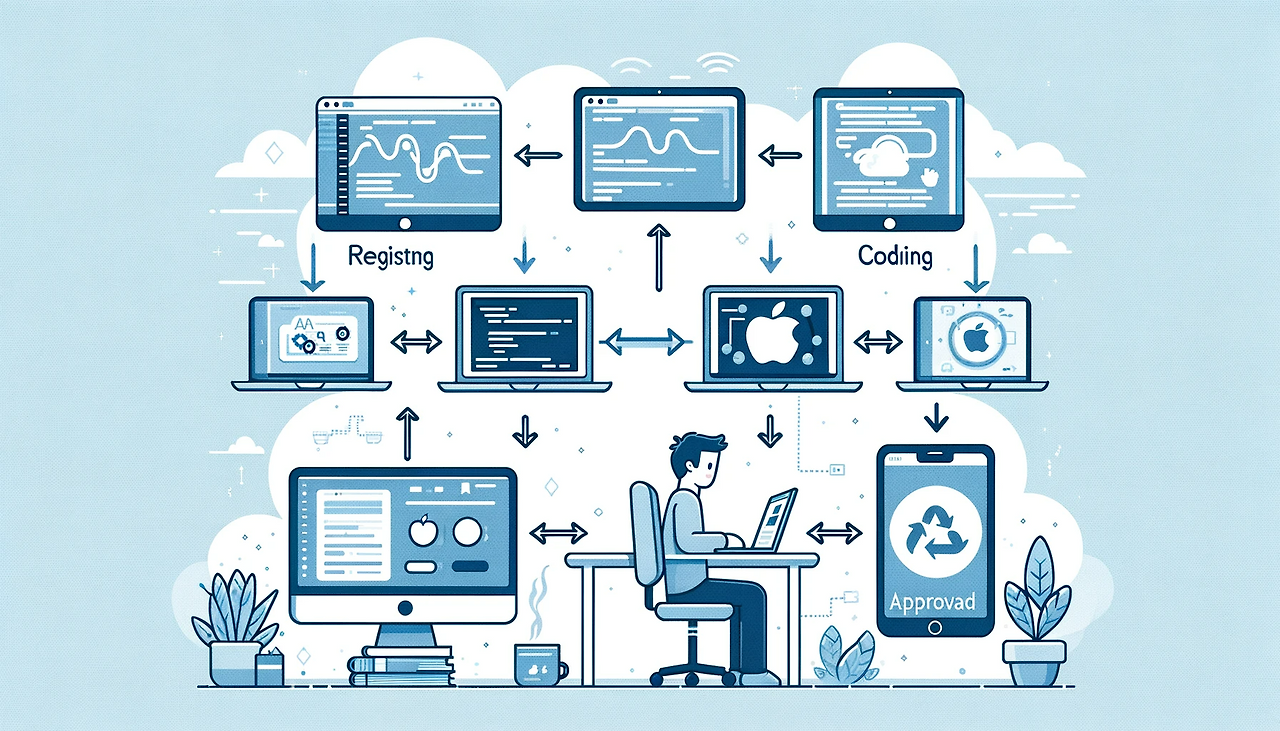 DALL·E 2024-01-26 10.08.25 - An illustration in a simple, clean style, depicting the process of registering an app on the App Store, in a 16_9 aspect ratio. The image should show .png