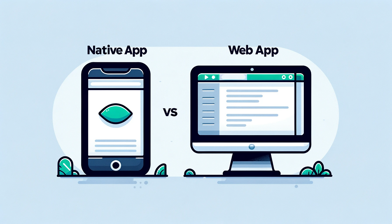 DALL·E 2024-01-26 10.12.08 - A clean and simple illustration in a 16_9 aspect ratio, depicting the comparison between native apps and web apps. The left side of the image should s.png
