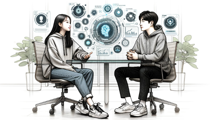 DALL·E 2023-10-07 01.54.46 - hand-drawn image of a young Korean woman, comfortably dressed in a hoodie and sneakers, brainstorming with a man showcasing mixed ethnic traits. They .png