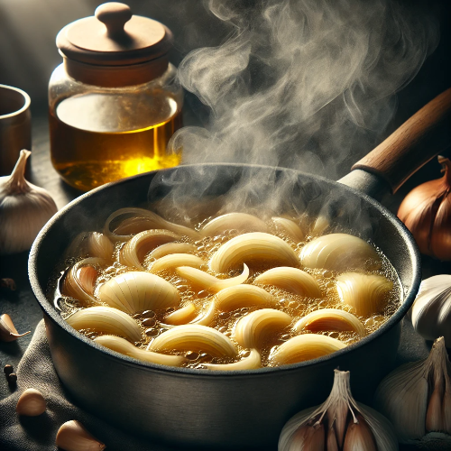 DALL·E 2025-03-12 00.04.58 - A realistic close-up of a deep pot on a stovetop with olive oil, garlic, and onions being sautéed. The onions are turning slightly golden, blending na.png
